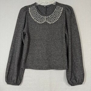 ZARA Pearl Rhinestone Embellished Sweater Size S Long Sleeve‎ Puff Shoulder